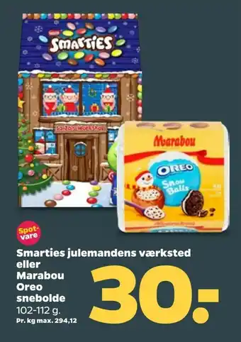 Netto Smarties julemandens værksted eller Marabou Oreo snebolde tilbud