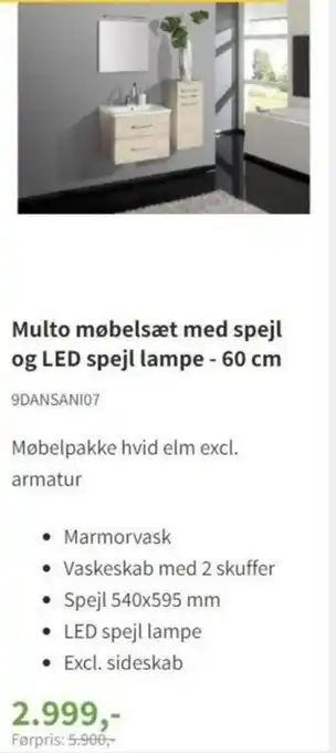 Multo Møbelsæt Med Spejl Og Led Spejl Lampe 60 cm