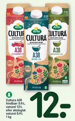 REMA 1000 Cultura A38 hindbær 0.4%, naturel 1.5% eller økologisk naturel 0.4% 1 kg tilbud