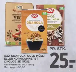 MENY AXA GRANOLA, GOLD MÜSLI ELLER KORNKAMMERET ØKOLOGISK MÜSLI tilbud