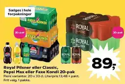 SuperBrugsen Royal Pilsner eller Classic, Pepsi Max eller Faxe Kondi 20-pak tilbud