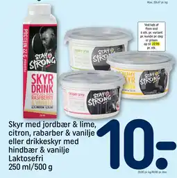 REMA 1000 Skyr med jordbær & lime, citron, rabarber & vanilje eller drikkeskyr med hindbær & vanilje Laktosefri tilbud