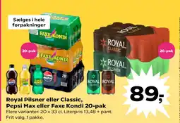 Kvickly Royal Pilsner eller Classic, Pepsi Max eller Faxe Kondi 20-pak tilbud
