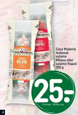 REMA 1000 Casa Modena italiensk salame Milano eller salame Napoli tilbud