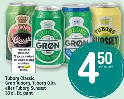 REMA 1000 Tuborg Classic, Grøn Tuborg, Tuborg 0,0% eller Tuborg Sunsæt 33 cl. Ex. Pant tilbud