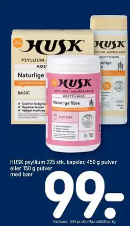 REMA 1000 HUSK psyllium 225 stk. kapsler, 450 g pulver eller 150 g pulver med bær tilbud