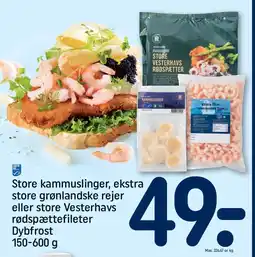 REMA 1000 Store kammuslinger, ekstra store grønlandske rejer eller store Vesterhavs rødspættefileter Dybfrost 150-600 g tilbud