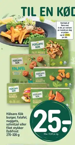 Hälsans Kök burger, falafel, nuggets, schnitzel eller filet stykker
