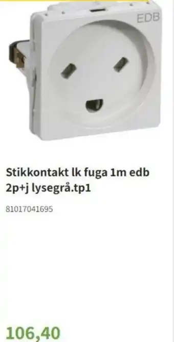 Stikkontakt Lk Fuga 1m Edb 2P+j Lysegrå.Tp1