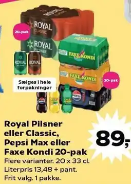 Kvickly Royal Pilsner eller Classic, Pepsi Max eller Faxe Kondi 20-pak tilbud