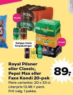 SuperBrugsen Royal Pilsner eller Classic, Pepsi Max eller Faxe Kondi 20-pak tilbud