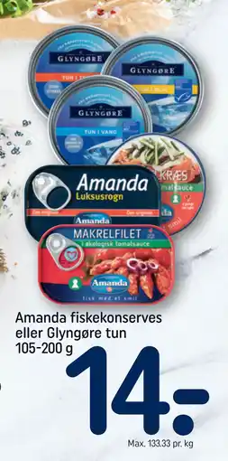 REMA 1000 Amanda fiskekonserves eller Glyngøre tun 105-200 g tilbud