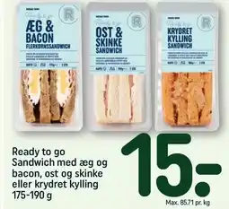 REMA 1000 Ready to go Sandwich med æg og bacon, ost og skinke eller krydret kylling tilbud