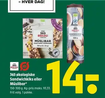 Coop 365 365 økologiske Sandwichkiks eller Müslibar* tilbud