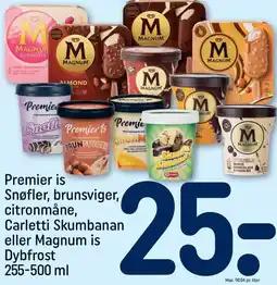 REMA 1000 Premier is Snøfler, brunsviger, citronmåne, Carletti Skumbanan eller Magnum is tilbud