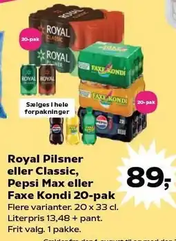 SuperBrugsen Royal Pilsner eller Classic, Pepsi Max eller Faxe Kondi 20-pak tilbud