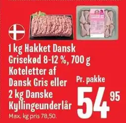 Min Købmand 1 kg Hakket Dansk Grisekød 8-12 %, 700 g Koteletter af Dansk Gris eller 2 kg Danske kyllingeunderlår tilbud