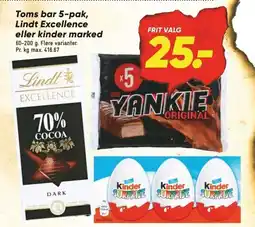 Bilka Toms bar 5-pak, Lindt Excellence eller kinder marked tilbud