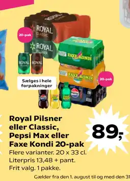 Kvickly Royal Pilsner eller Classic, Pepsi Max eller Faxe Kondi 20-pak tilbud