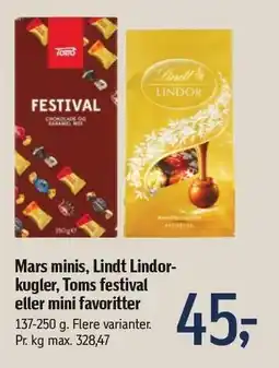 Føtex Mars minis, Lindt Lindor-kugler, Toms festival eller mini favoritter tilbud