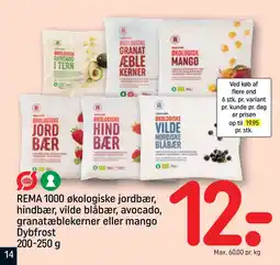 REMA 1000 REMA 1000 økologiske jordbær, hindbær, vilde blåbær, avocado, granatæblekerner eller mango Dybfrost 200-250 g tilbud