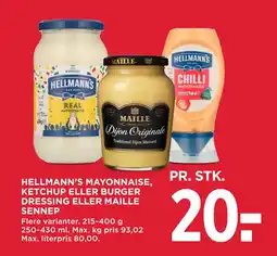 MENY HELLMANN’S MAYONNAISE, KETCHUP ELLER BURGER DRESSING ELLER MAILLE SENNEP tilbud