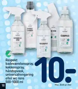 REMA 1000 Respekt badeværelsesspray, køkkenspray, håndopvask, universalrengøring eller wc rens 500-1000 ml tilbud