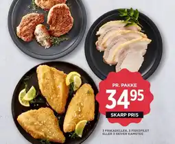 MENY 3 FRIKADELLER, 3 FISKEFILET ELLER 3 SKIVER KAMSTEG tilbud