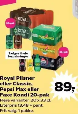 SuperBrugsen Royal Pilsner eller Classic, Pepsi Max eller Faxe Kondi 20-pak tilbud