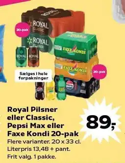 Kvickly Royal Pilsner eller Classic, Pepsi Max eller Faxe Kondi 20-pak tilbud