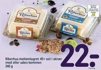 REMA 1000 Riberhus mellemlagret 45+ ost i skiver med eller uden kommen tilbud