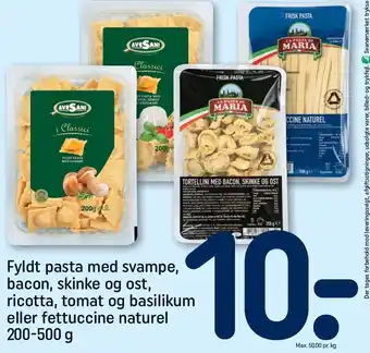 REMA 1000 Fyldt pasta med svampe, bacon, skinke og ost, ricotta, tomat og basilikum eller fettuccine naturel tilbud