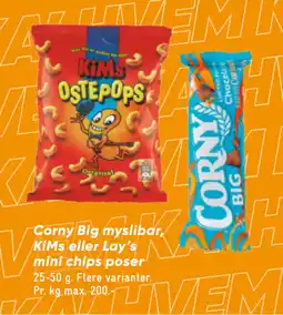 Bilka Corny Big myslibar, KiMs eller Lay’s mini chips poser tilbud