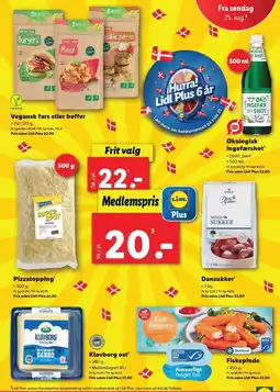 Lidl Vegansk fars eller bøffer, Økologisk ingefærshot, Pizzatopping, Dansukker, Klovborg ost eller Fiskepinde tilbud
