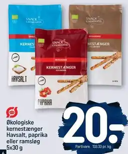 REMA 1000 Økologiske kernestænger Havsalt, paprika eller ramsløg 5x30 g tilbud