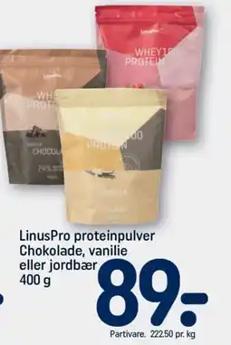 REMA 1000 LINUS PRO Proteinpulver Chokolade, vanilie eller jordbær tilbud