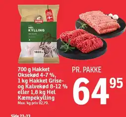 SPAR Hakket Oksekød 4-7 %,Hakket Grise- og Kalvekød 8-12 % eller Hel Kæmpekylling tilbud