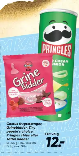 Bilka Castus frugtstænger, Grinebidder, Tiny people’s choice, Pringles chips eller Taffel nødder tilbud