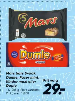 Bilka Mars bars 5-pak, Dumle, Fazer mint, Kinder maxi eller Duplo tilbud