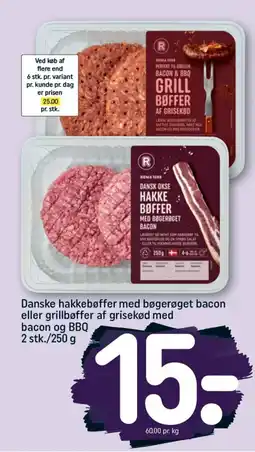 REMA 1000 Danske hakkebøffer med bøgerøget bacon eller grillbøffer af grisekød med bacon og BBQ 2 stk. tilbud