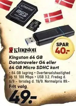 Bilka Kingston 64 GB Datatraveler G4 eller 64 GB Micro SDHC kort tilbud