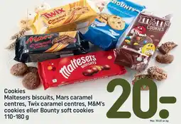 REMA 1000 Cookies Maltesers biscuits, Mars caramel centres, Twix caramel centres, M&M's cookies eller Bounty soft cookies tilbud