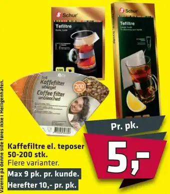Kaffefiltre el. teposer 50-200 stk