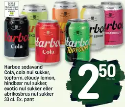 REMA 1000 Harboe sodavand Cola, cola nul sukker, topform, cloudy lemon, hindbær nul sukker, exotic nul sukker eller abrikosbrus nul suk tilbud
