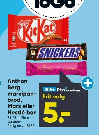 Bilka Anthon Berg marcipanbrød, Mars eller Nestlé bar tilbud