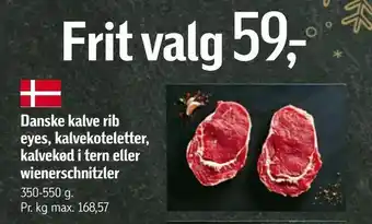 Danske kalve rib eyes, kalvekoteletter, kalvekød i tern eller wienerschnitzler