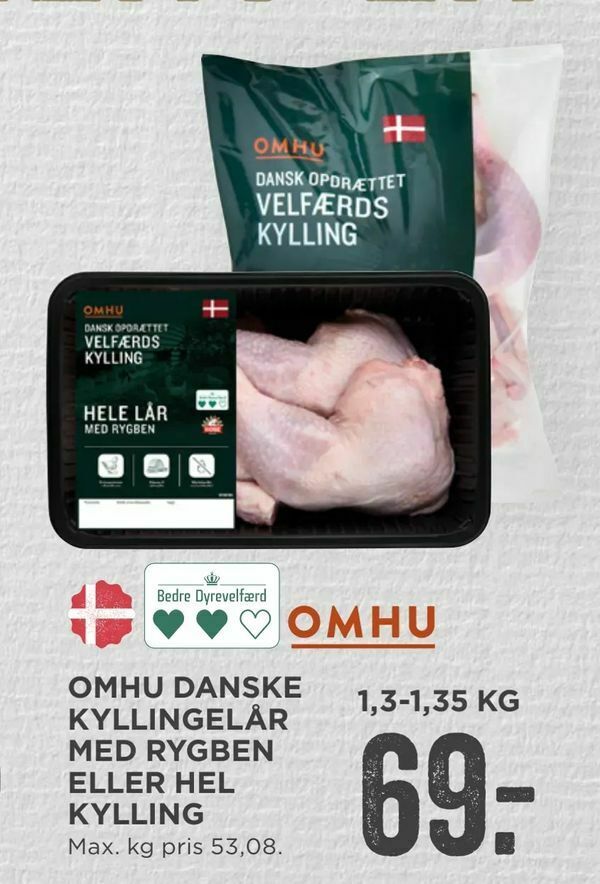 Omhu danske kyllingelår med rygben eller hel kylling tilbud hos MENY