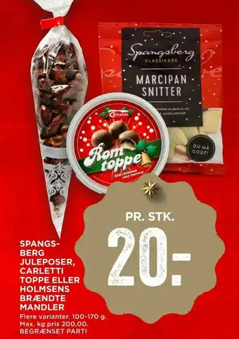 MENY Spangsberg juleposer, carletti toppe eller holmsens brændte mandler tilbud
