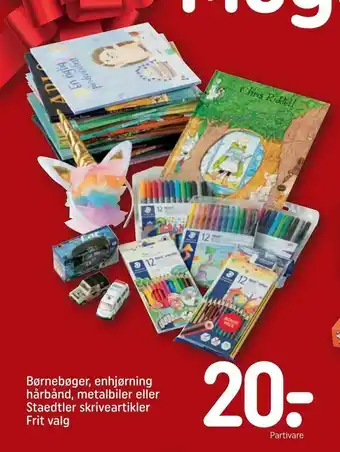 REMA 1000 Børnebøger, enhjørning hårbånd, metalbiler eller Staedtler skriveartikler tilbud