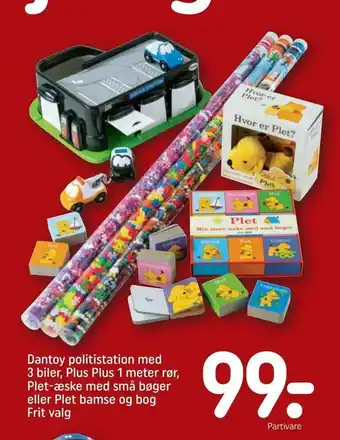 REMA 1000 Dantoy politistation med 3 biler, Plus Plus 1 meter rør, Plet-æske med små bøger eller Plet bamse og bog tilbud